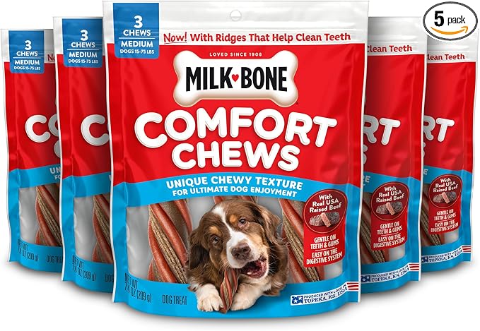 Milk-Bone Comfort Chews, Dog Treats with Unique Chewy Texture and Real Beef, 3 Chews (Pack of 5)