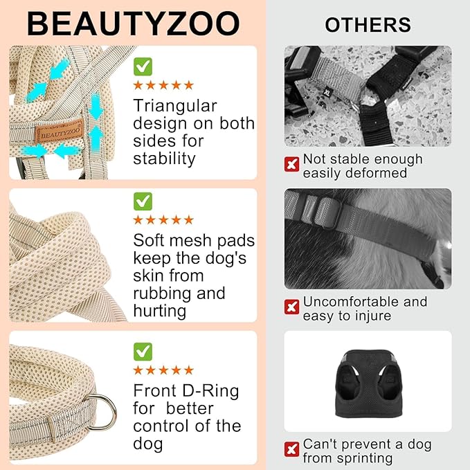 BEAUTYZOO Dog Harness No Pull, Quick Fit Dog Harness and Leash Set, Escape Proof Vest Harness with Soft Handle, Reflective Breathable Mesh Padding Harness for Medium Size Dog Training Walking, Beige M