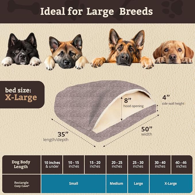 Snoozer Rectangle Cozy Cave Dog Bed - Indoor Dog Bed with Cover Cave, Covered Calming Burrow for Large Sized Pets with Blanket Attached, Enclosed, Washable Cover - XL, Merlin Linen