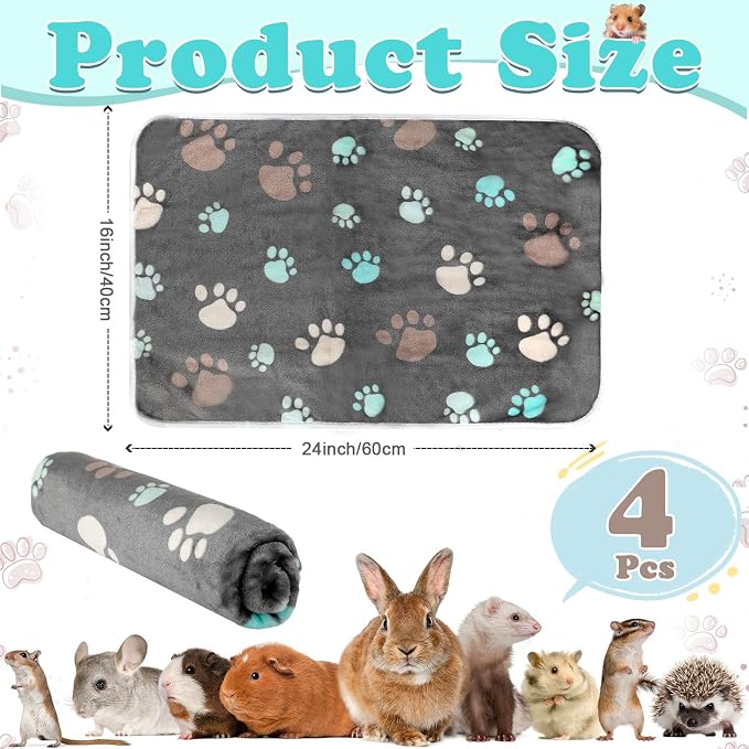 Reginary 4 Pcs Waterproof Guinea Pig Blankets Washable Small Animal Fleece Bedding Absorbent Guinea Pig Cage Liners Reusable Training Pee Pad Pet Sleep Mat for Hamster(Cute Paw,24 x 16 Inch)