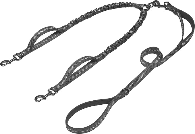 iYoShop Double Dog Leash with Three Extra Traffic Handles, 360 Swivel No Tangle Dual Dog Walking Leash, Comfortable Shock Absorbing Reflective Bungee for Two Dogs(15-120 lbs, Black)
