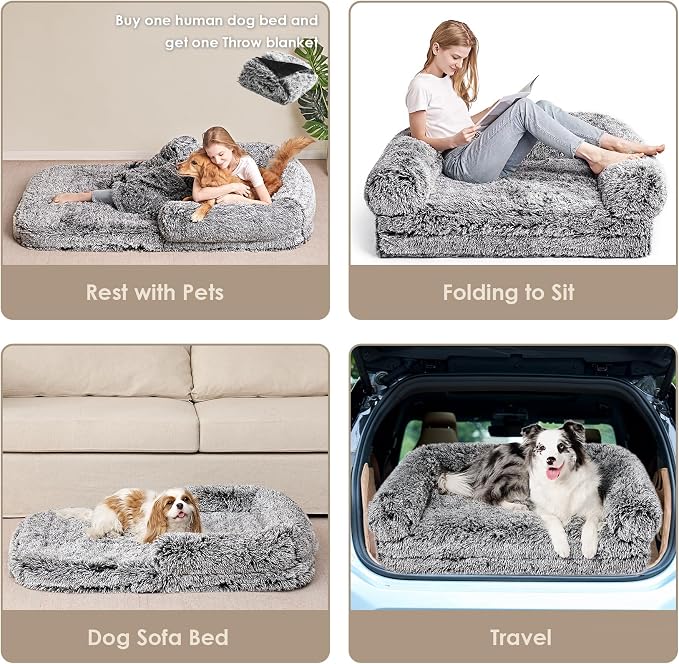 EHEYCIGA Foldable XXL Dog Bed for Large Sized Dog, 54"x38"x7.5" Faux Fur Fluffy Pet Couch Bed, Orthopedic Calming Memory Foam Big Pet Bed, Washable Pet Sofa Bed with Non-Slip Bottom, Faded Black