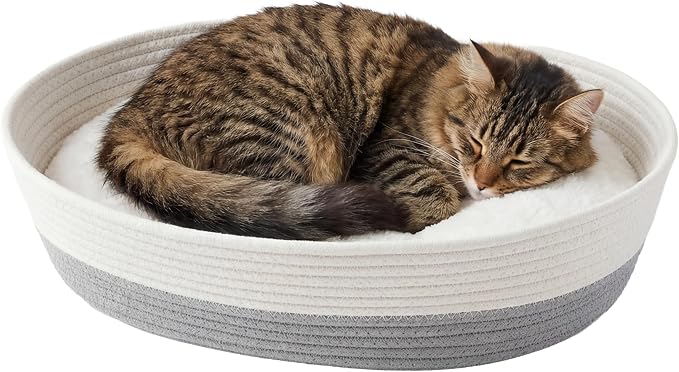 Kitty City Woven Cat Bed with Removable Washable Cushion, Cozy Braided Rope Indoor Cat Bed with Natural Catnip, Warm Round Cat Bed for Small to Medium Cats, 14” x 19" - White/Grey