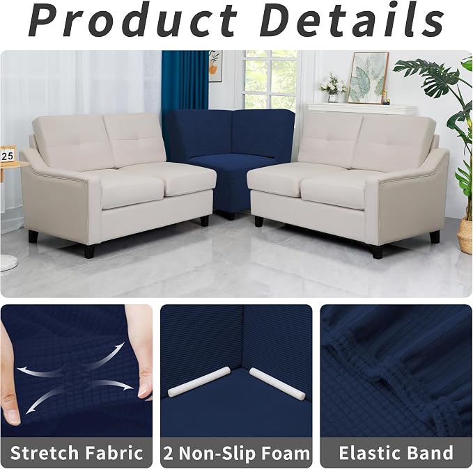Easy-Going Stretch Soft Sectional Corner Sofa Couch Slipcover Navy | 1-Piece Sofa Cover Furniture Protector with Elastic Bottom For Kids, Pet, Spandex Jacquard Machine Washable for Living Room
