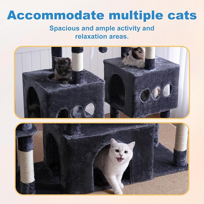Hey-brother Cat Tree Tower, Large Sisal Scratching Posts with Big Platform, 3 Spacious Condos, Plush Hammock, Toy, 57.5 Inches Multi-Level Furniture for Indoor Adults Maine Coon, Smoky Gray MPJ083G