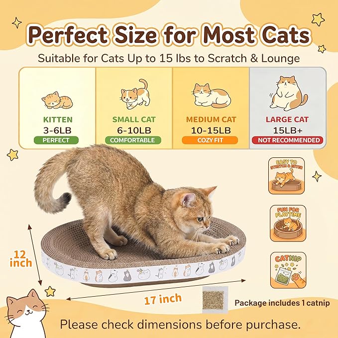 PatiencET Oval Cat Scratcher Lounge for Indoor Cats, Corrugated Cardboard Cat Scratch Pad Bed with Catnip, Cat Scratching Board for Scratching, Stretching, Playing and Lounging, 17 x 12 Inch