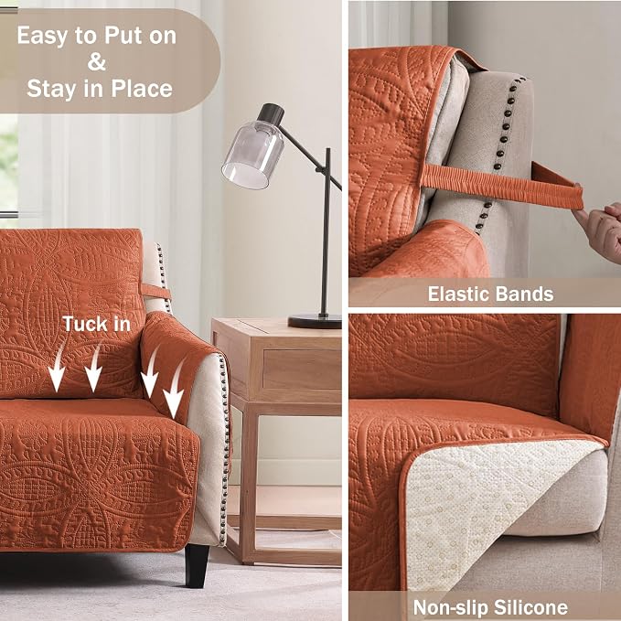 Orange Loveseat Covers for 2 Cushion Couch, Water-Repellent Covers for Love Seat, Washable Quilted Couch Covers, Pet Friendly Sofa Slipcovers (Loveseat 48", Burnt Orange)