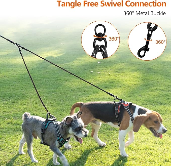 Taglory Double Dog Leash Coupler for Two Dogs, 1/3" Lightweight Dual Leash Extension for Small and Medium Dogs, No Tangle 360° Swivel, Reflective Rope, 30 Inch, Black