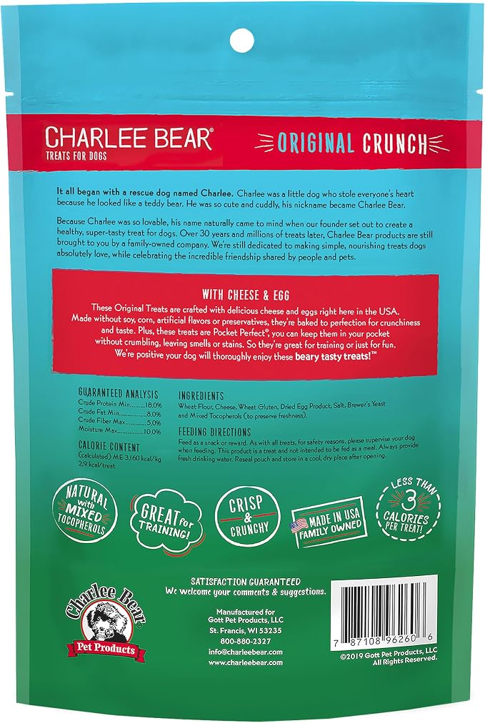 Charlee Bear Dog Training Treats, Cheese & Egg Recipe, Low Calorie (Under 3 Calories), Limited Ingredient Crunchy Dog Treats, 6 oz. Resealable Bag