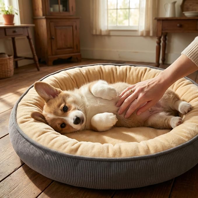 Calming Dog Bed for Small Dogs 18"x20" - Washable Donut Pet Bed with Anti-Slip Bottom, Soft Puppy Bed for Indoor Kittens and Cats with Removable Cover (Beige)