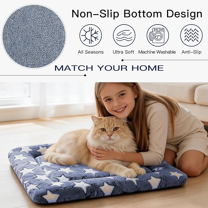 Dog Bed Mat for Crate, Soft Kennel Pad, Durable Comfort Mat for Dogs and Cats, Home and Crate Use (NavyBlue&Star, 18"*14"*1.5")