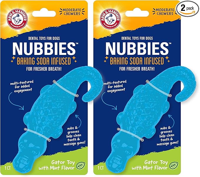 Arm & Hammer Nubbies Gator Dog Dental Chew Toy Mint Flavor Baking Soda Infused Scrubbing Grooves Plaque Tartar Reduction No Stuffing Moderate Chewers 2 Pack