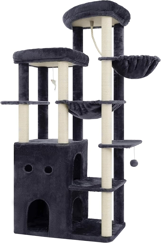 Heybly Cat Tree, 69.7 inches Secure Anti-Tip Cat Tower for Large Cats, Expansive Cat Furniture with Dual-Tier Cat Condo Villa, 2 Top Perches, Hammock & Full Sisal Scratching Posts, Smoky Gray HCT065G