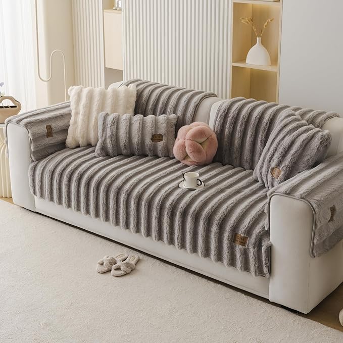 Fuzzy Rabbit Plush Sofa Cover Thick Soft Fur Sectional Couch Cover Furry Fluffy Cushion Cover Non-Slip Sofa Slipcovers Vertical Stripe Furniture Protector for Dogs Cats(Light Grey,36"x47")