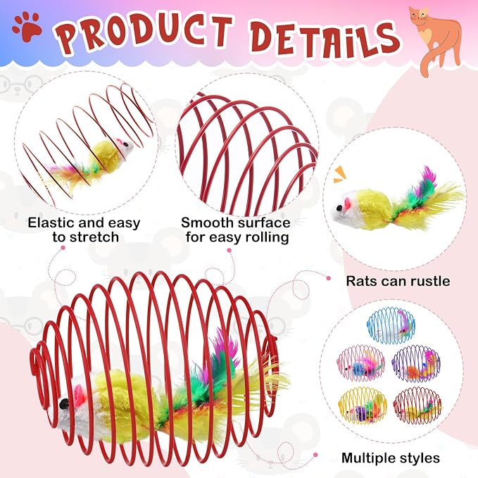 Jecery 5 Pcs Cat Spring Balls Toys Stretchable Rolling Balls Colorful Playful Coils Interactive Action Toy Caged Rats for Kitten Pet Supplies (Cute Mouse,Bright Color)