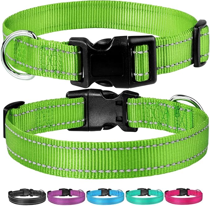 Reflective Dog Collar with Buckle Adjustable Safety Nylon Collars for Small Medium Large Dogs, Grass Green M