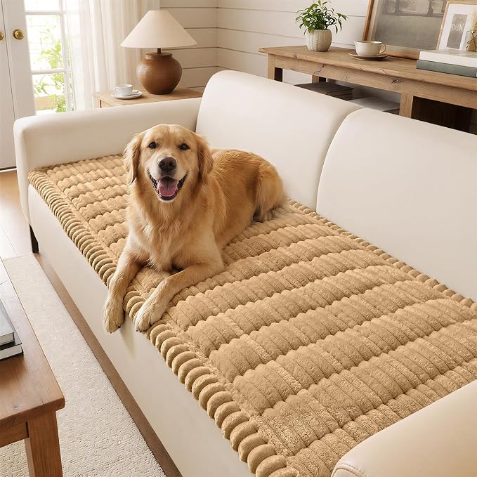 decorUhome Non-Slip Fuzzy Couch Cover for Dogs, Soft Thick Washable Pet-Friendly Protector, Sofa Slipcover for 3 Cushion Couch Sofa, Camel, 27.6" x 70.9"