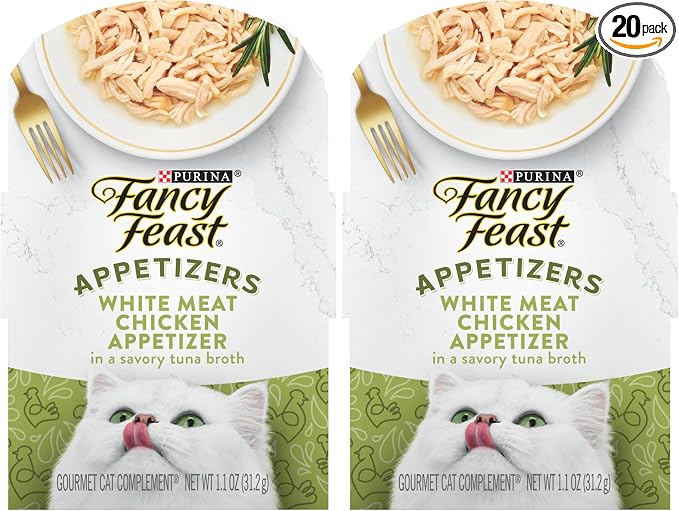 Fancy Feast Purina Appetizers Grain Free Wet Cat Food Complement White Meat Chicken Appetizer in a Savory Tuna Broth Cat Food Topper - 1.1 oz. Trays,(Pack of 20)