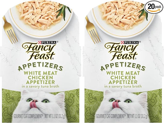 Fancy Feast Purina Appetizers Grain Free Wet Cat Food Complement White Meat Chicken Appetizer in a Savory Tuna Broth Cat Food Topper - 1.1 oz. Trays,(Pack of 20)