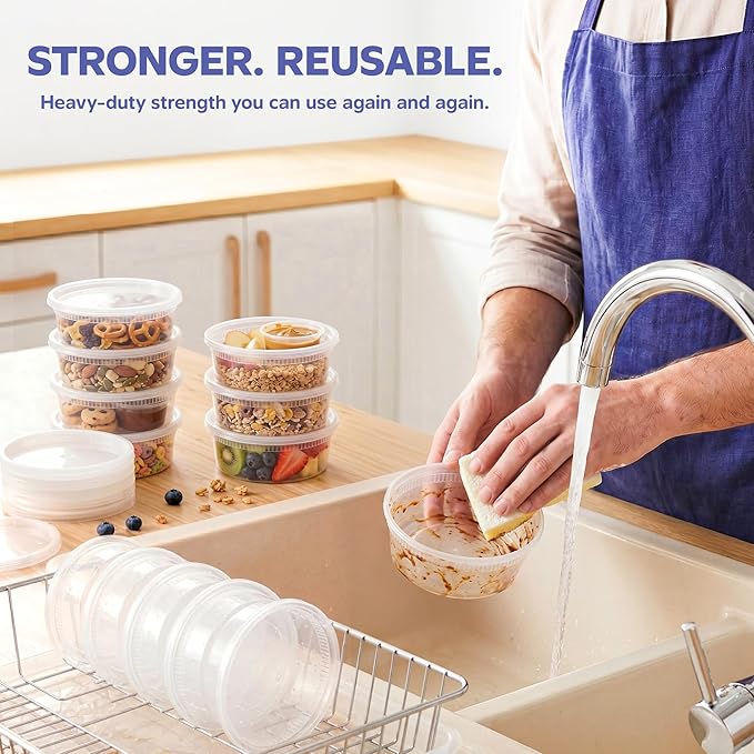 GUSTO [48 Sets - 8 oz. Plastic Deli Disposable Food Storage Containers with Airtight Lids - Slime Containers (Formerly Comfy Package)