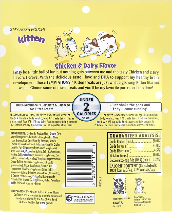 Temptations Kitten Treats Classic Crunchy and Soft Cat Treats, Chicken and Dairy Flavor, 6.3 oz. Pouch (Pack of 10)