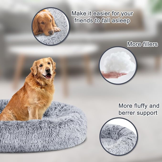 ELSKER&HOME Calming Donut Dog Bed, Washable Warming Soft Round 46 Inches for Large Dogs, Anti-Anxiety Fluffy Plush Cushion Fits up to 160 lbs Pets, Gradient Blue