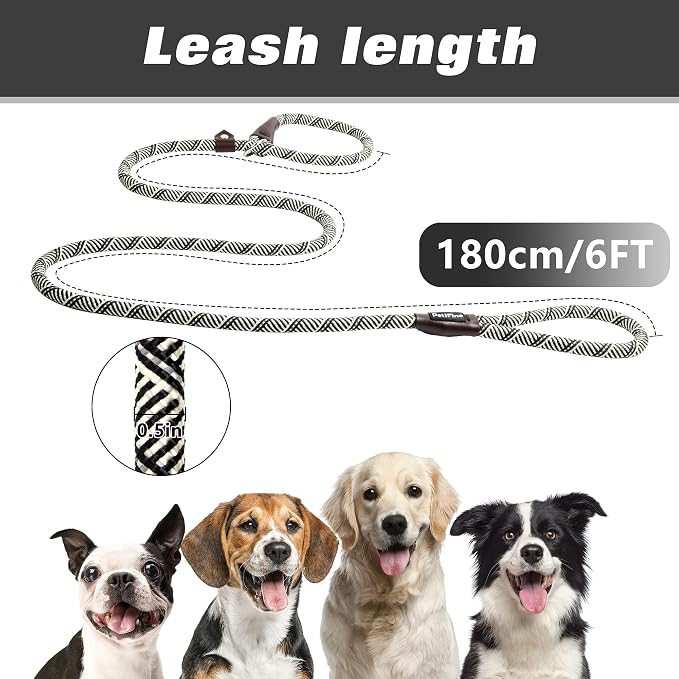 PetiFine Slip Lead Dog Leash,6FT x 1/2" Reflective Durable Dog Training Lead, Heavy Duty Adjustable Nylon Dog Rope Slip Leash for Small Medium Large Dogs (Grey)