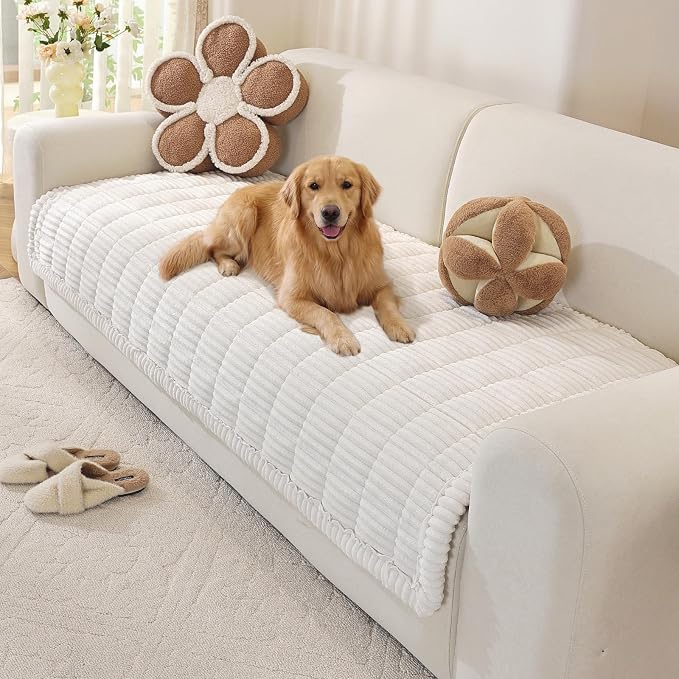 OstepDecor Couch Cover for Dogs, Washable Non Slip Sofa Cover for Pets, Soft Couch Covers for Sofa, Loveseat and Sectional, Furniture Protector Against Pet Hair & Scratches (35.4" x 82.7", White)