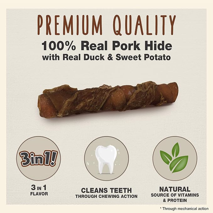 Cadet Gourmet Triple Chews Long-Lasting Pork Hide Sticks with Sweet Potato and Duck, Healthy Dog Treats for Small & Large Dogs, 18 Count