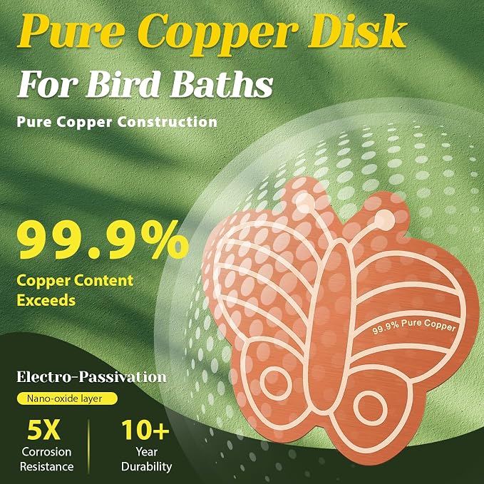 3Pcs Bird Bath Copper Purification Disk 99.99% Pure Copper Water Cleaning Discs 0.6mm Physical Clean Water for All-Season Universal Natural Fit for Outdoor Birdbaths, Bowls, Garden Fountain(Butterfly)