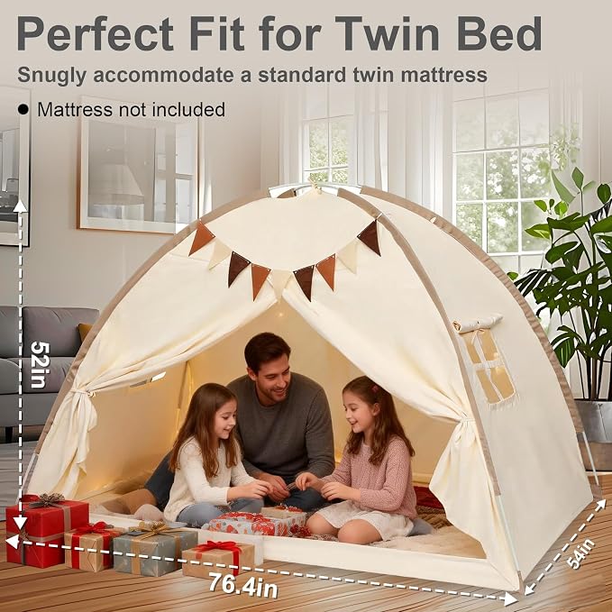 Full Bed Tent Canopy, Indoor Blackout Privacy Toddler Bed Tent for Kids with Light, Portable Sleeping Floor Kids Playhouse (Cream, Full Size)
