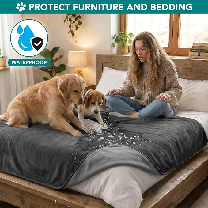 PetAmi Waterproof Dog Blanket for Couch, Pee Proof Reversible Cat Blanket for Sofa Bed Furniture Protector, Soft Fleece Washable Pet Throw for Dogs Cats Puppies Kittens, 60x80 Gray