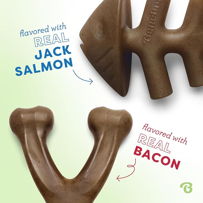 Benebone 2-pack Fishbone/Wishbone Durable Dog Chew Toys, Real Fish, Real Bacon, Made in USA, Medium