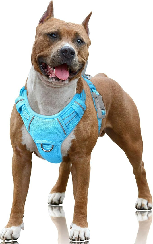 BARKBAY No Pull Dog Harness Large Reflective Dog Harness with Front Clip and Easy Control Handle for Walking Training Running with ID tag Pocket(Blue,L)