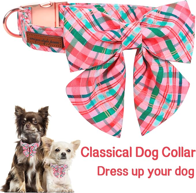 Unique style paws Dog Collar with Tie Pink & Green Plaid Dog Collar Best Gifts for Small Medium Large Dogs -L