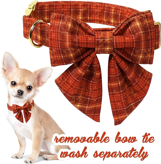 Unique style paws Cartoon Dog Collar with Bowtie Autumn Halloween Plaid Puppy Collar with Orange Brown Grid for Small Medium Large Boys Girls Dogs