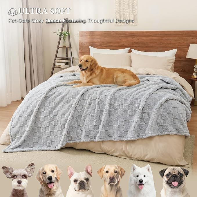 David's Home Large Dog Blankets Washable Pet Bed Cover Twin Size, Soft Fluffy Fuzzy Cat Puppy Blanket with Premium 300GSM Fleece for Pet Kitten Doggy, Light Grey, 66 * 90"
