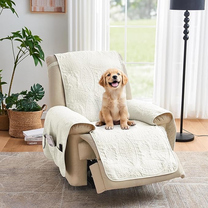 Ivory Recliner Chair Covers, Quilted Décor Water-Repellent Medium Lazy Boy Chair Covers, Pet Friendly Recliner Cover for Dogs Cats, Washable Couch Cover (Recliner 26", Ivory White)