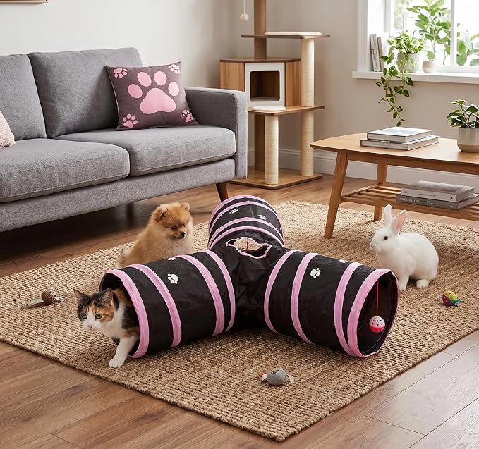 Cats Bunny Tunnel Tube Pink,3 Way Collapsible Small Animal Play Tunnel Toys with Ball for Indoor Cat Kitten Bunny Rabbit Ferret Small Animals (Black@Pink)