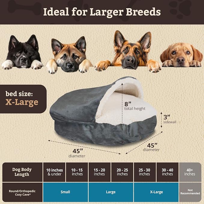 Snoozer Cozy Cave Dog Bed - Indoor Dog Bed with Cover Cave, Covered Calming Burrow for Medium & Large Sized Pets with Blanket Attached, Enclosed, Removable Washable Cover - XL, Anthracite
