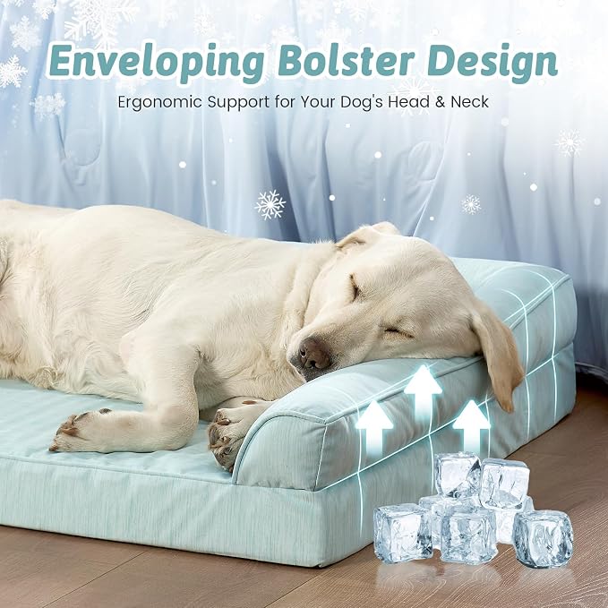 COZY KISS Cooling Dog Bed for Large Dogs, 42"x30" Orthopedic Foam Sofa with Bolster Sides, Q-Max >0.4 Cooling Technology, Cool Pet Bed with Removable Washable Cover, Green