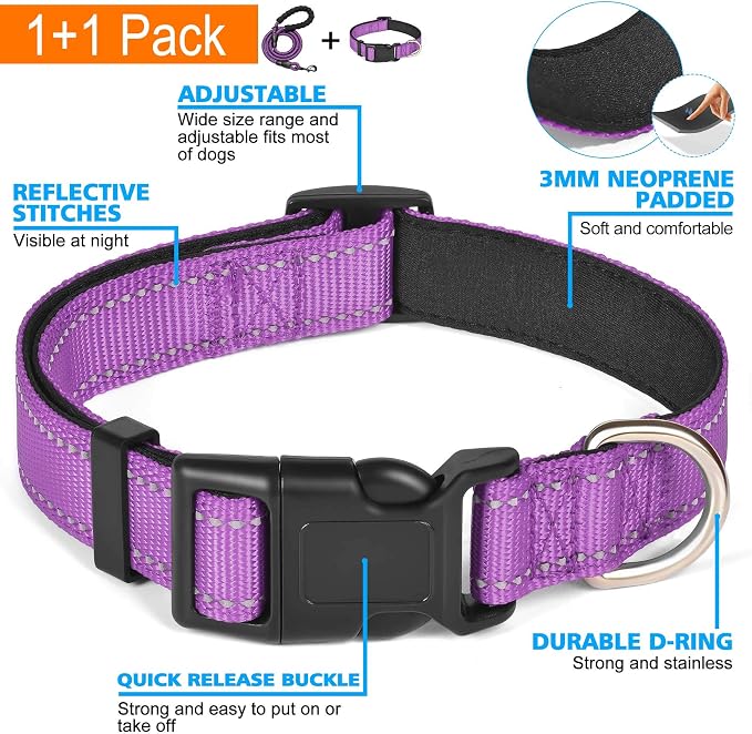 Ladoogo Reflective Dog Collar Padded with Soft Neoprene Breathable Adjustable Nylon Dog Collars for Small Medium Large Dogs (Medium (Pack of 1), Purple Collar+Leash)
