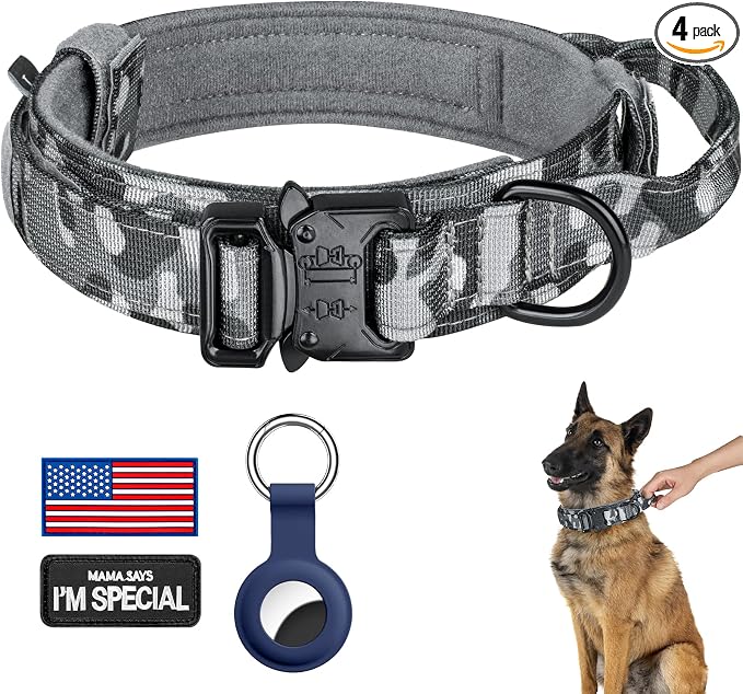 DAGANXI Tactical Dog Collar, Adjustable Military Training Nylon Dog Collar with Control Handle and Heavy Metal Buckle for Medium and Large Dogs, with Patches and Airtags Case (L, Camo)