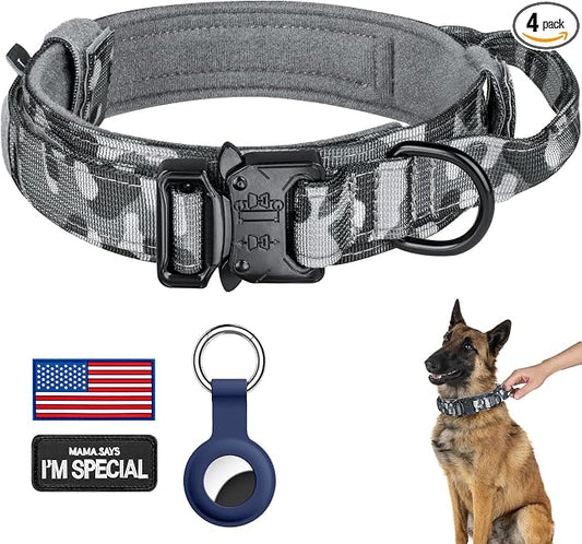DAGANXI Tactical Dog Collar, Adjustable Military Training Nylon Dog Collar with Control Handle and Heavy Metal Buckle for Medium and Large Dogs, with Patches and Airtags Case (L, Camo)