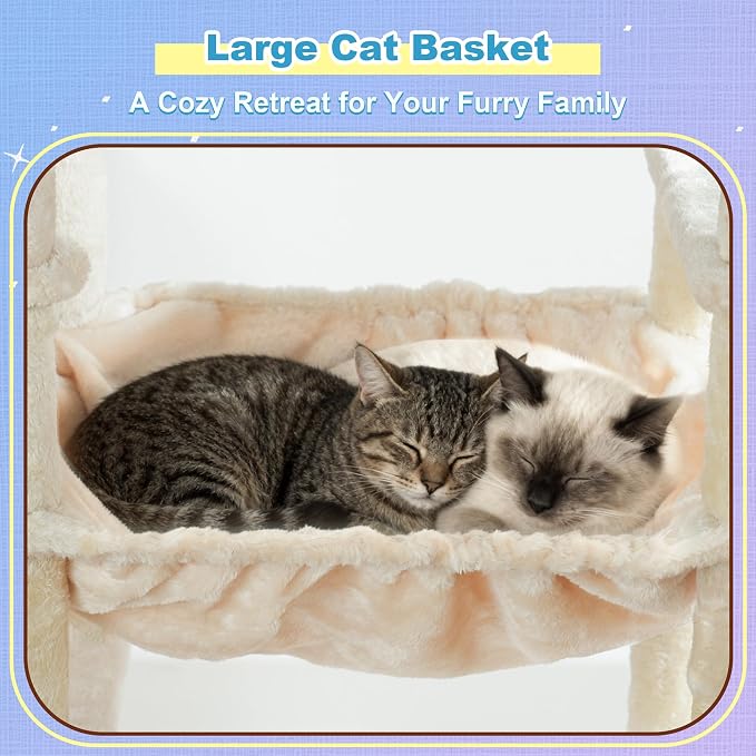 Hey-brother Cat Tree Tower, Scratching Posts with Extra Large Platform and Basket, Specious Condo, 2 Cozy Hammocks, Scratch Board for Indoor Adult Cats, Maine Coon 71.7 inches, Beige MPJ080M