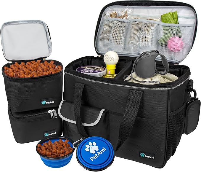 PetAmi Dog Travel Bag Organizer, Pet Travel Kit with 2 Food Containers & 2 Collapsible Dog Bowls, Pet Supplies Tote with Luggage Sleeve, Weekend Road Trip Camping Essentials, Black, Medium