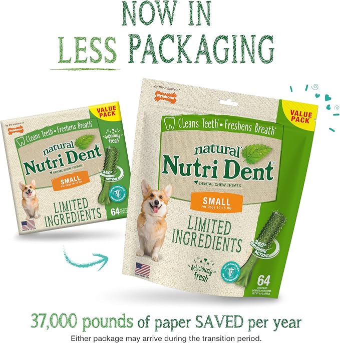 Nylabone Nutri Dent Dog Dental Chews - Natural Dog Teeth Cleaning & Breath Freshener - Dental Treats for Dogs - Fresh Breath Flavor, Small (64 Count)