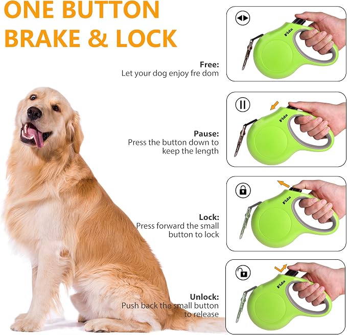 Fida Retractable Dog Leash with Dispenser and Poop Bags, 16 ft Pet Walking Leash for Large Dog up to 110 lbs, Anti-Slip Handle, Tangle Free, Reflective Nylon Tape (L, Green)