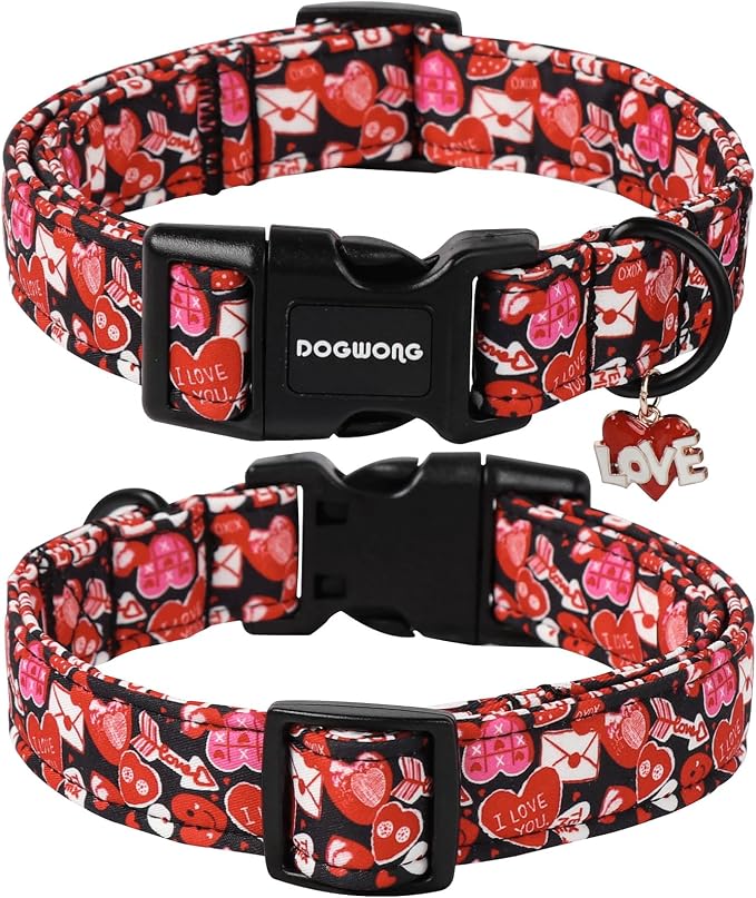 DOGWONG Valentine Dog Collar- Cute Red Heart Dog Collars Adjustable Durable Designer Valentine’s Day Dog Collar for Small Medium Large Dogs XS