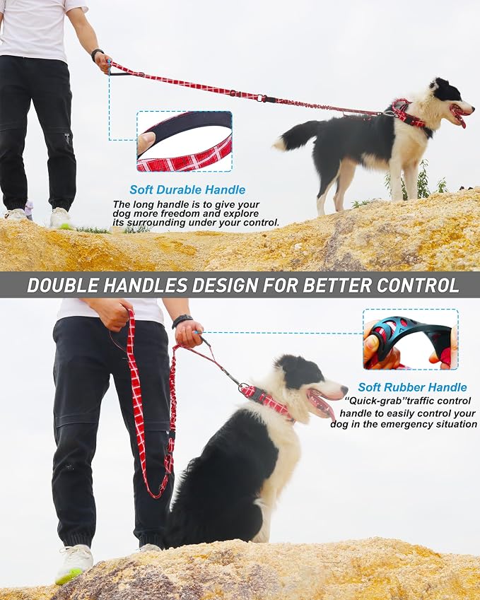 Hotsky Tactical Dog Leash Heavy Duty for Medium Large Dogs that Pull,4-6Ft Strong Bungee Shock Absorbing No Pull Dog Leash with Padded Double Handle and Car Seatbelt,Red Plaid